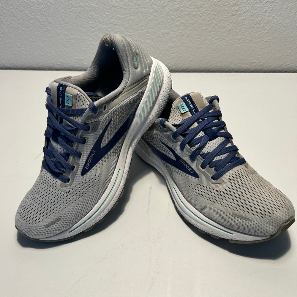 Brooks Adrenaline GTS 22 Womens 9.5 Grey Navy Running Shoes 1203531B045